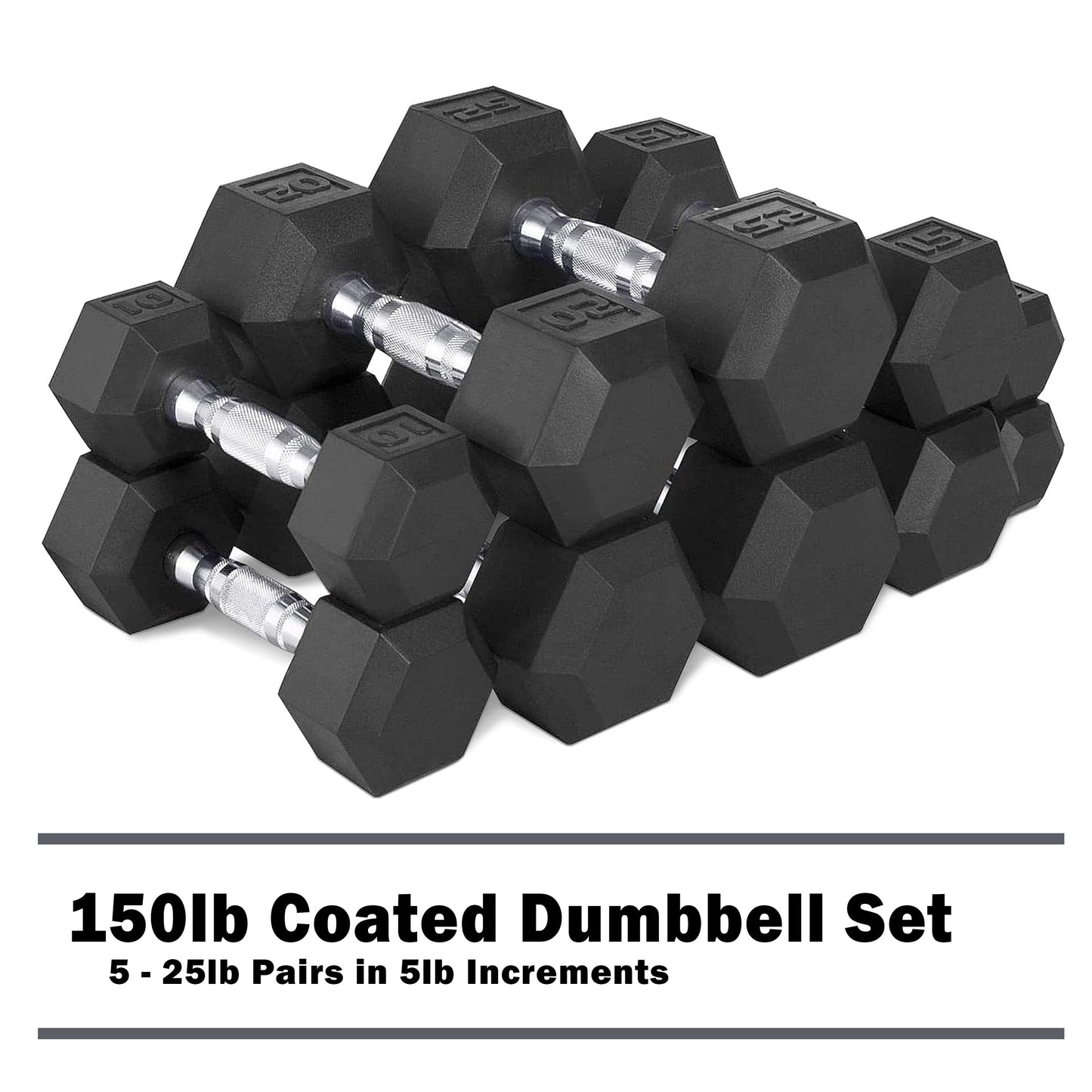 150Lb Rubber Hex Dumbbell Set